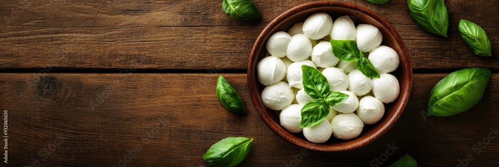 Poster Fresh Mozzarella Balls with Basil on Rustic Wooden Background - A bowl of fresh mozzarella balls with basil leaves on a rustic wooden background, symbolizing Italian cuisine, healthy eating, freshness