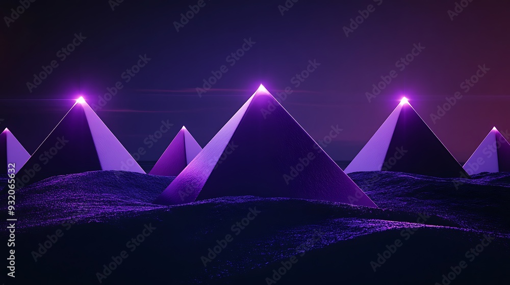 Aufkleber illuminated violet pyramids hovering above dark surface in 3d render perspective