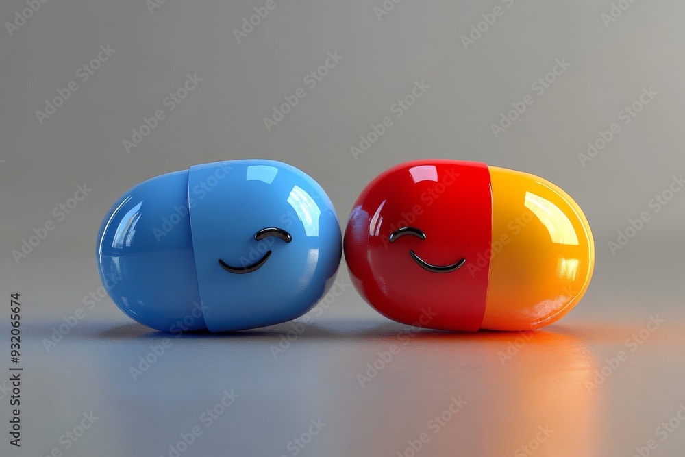 Poster two large 3d rendered capsules one red and one blue with smiling faces symbolizing the friendly and 