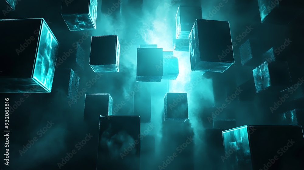 Aufkleber luminescent cyan rectangles in mystical darkness - 3d render low angle view