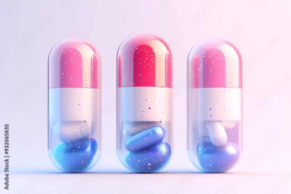Poster close up of colorful capsules in transparent cases representing the precision and effectiveness of m
