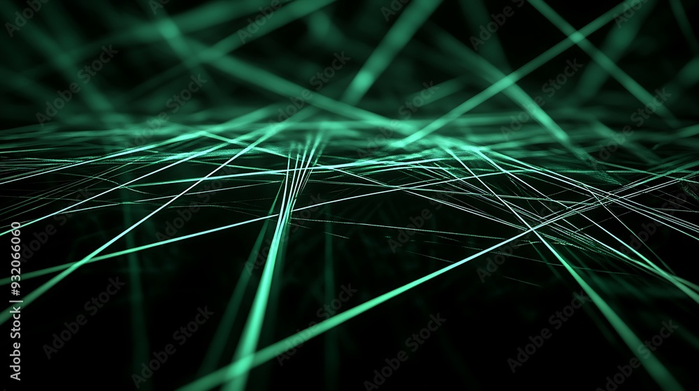 Aufkleber glowing emerald lines in darkened space - abstract 3d render with low angle view