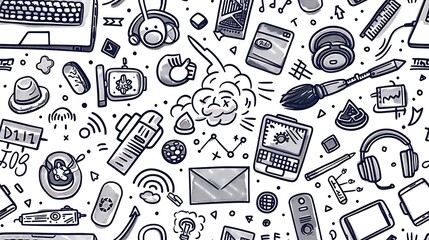 A seamless pattern showcasing doodles of tech gadgets like laptops, tablets, headphones, and coding symbols, mixed with circuit boards and binary code, in a sleek color palette,