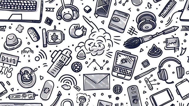 A seamless pattern showcasing doodles of tech gadgets like laptops, tablets, headphones, and coding symbols, mixed with circuit boards and binary code, in a sleek color palette,
