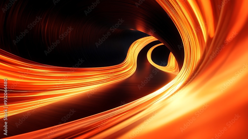 Aufkleber abstract 3d render of shimmering orange curves in black void from low angle view
