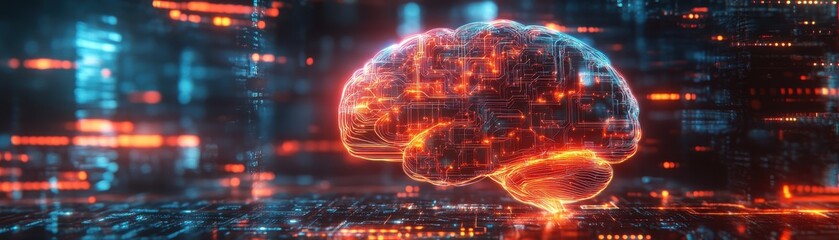 Obraz premium Glowing neon circuits forming a human brain floating in a digital space
