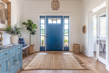 Shiplap walls , natural fiber rug and a glorious blue door in coastal entryway home interior