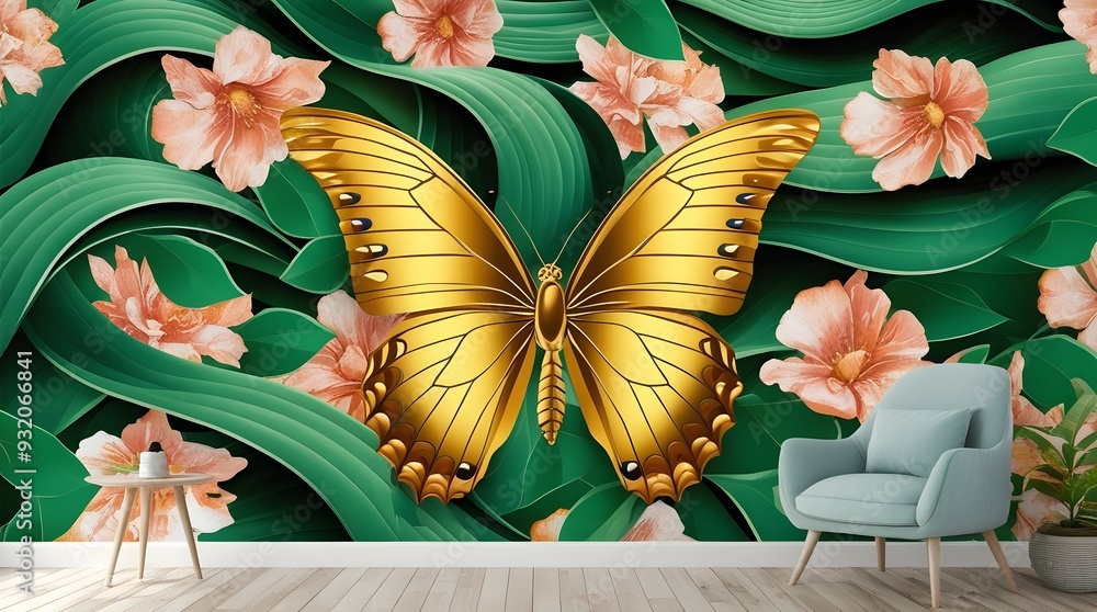 Wall mural botanical design with green leaves and a golden butterfly