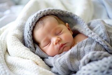 Sleeping Baby Wrapped in Blanket - A peaceful portrait of a sleeping baby, gently wrapped in a soft blanket.

