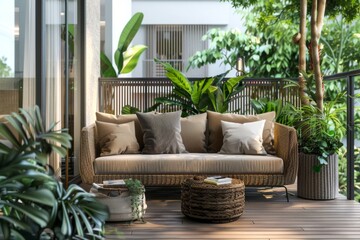 Fototapeta premium Outdoor balcony living room with cozy furniture