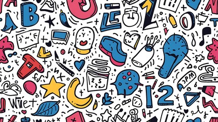 A seamless doodle pattern featuring a chaotic mix of letters and numbers in various playful fonts, scattered randomly across the design, vibrant colors, on a white background,