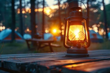 Camping acetylene lantern on wooden table at sunset