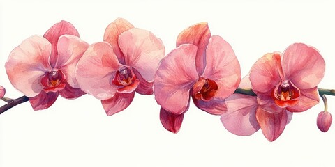 Watercolor Painting of Pink Orchids on White Background