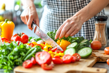 Culinary Creativity: Woman's hands expertly chop fresh vegetables on a wooden cutting board, surrounded by vibrant produce, embodying healthy cooking and home-cooked meal prep. 