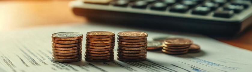 Calculator placed on a stack of coins and financial documents