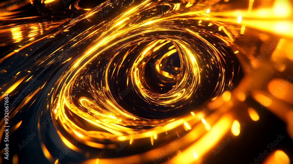 Poster illuminated gold helixes in cosmic void | abstract 3d render | low angle viewpoint