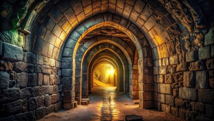 Fototapeta premium Dimly lit arched entrance of a mystical underground tunnel, surrounded by ancient stone walls, with a faint glow emanating from the dark passageway.