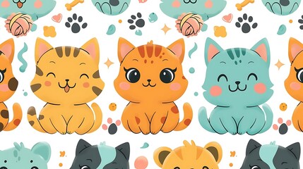 Obraz premium A seamless pattern of adorable cartoon cats and dogs, surrounded by playful bones, yarn balls, and paw prints, vibrant colors, detailed fur textures, hd quality, natural look. --ar 16:9 --v 6.