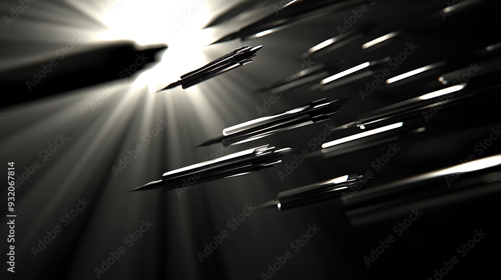 Poster dynamic 3d render of glowing silver arrows piercing shadowy sky, low angle view
