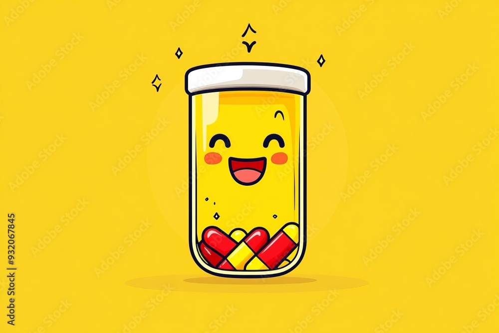 Poster minimalistic yellow background with a single pill bottle featuring a smiley face symbolizing simplic