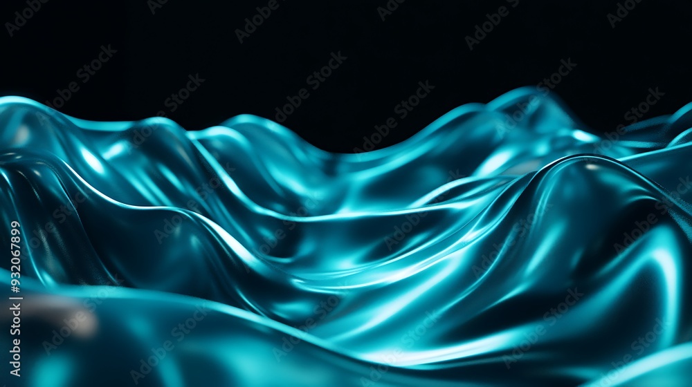 Aufkleber abstract 3d render of shimmering cyan waves in a dark space - low angle view