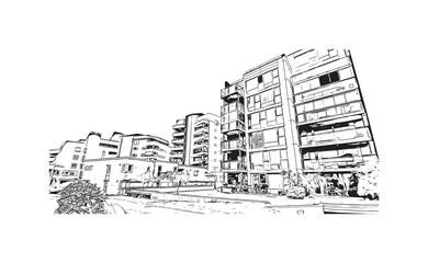 Print Building view with landmark of Stavanger is the city in Norway. Hand drawn sketch illustration in vector. 