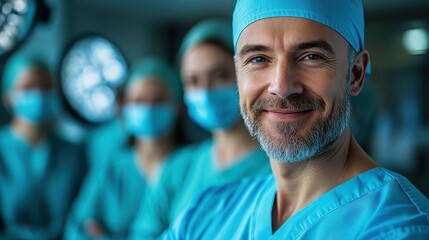 Fototapeta premium Surgeon leading a medical team, leadership in healthcare, single-color background