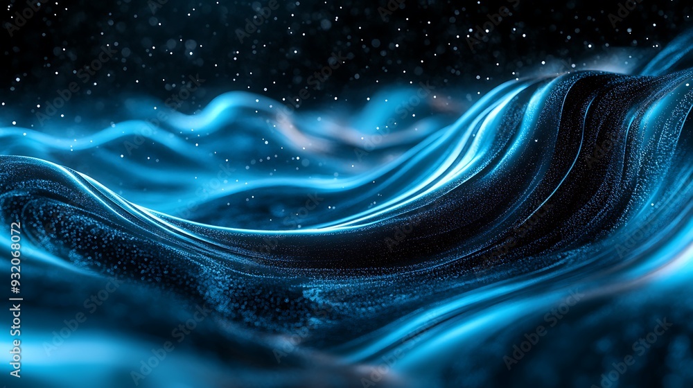 Aufkleber tranquil shimmering cyan waves in dark space - 3d render with low angle view