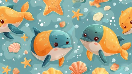 A seamless pattern of adorable cartoon dolphins and starfish playing in the ocean, surrounded by seashells and coral, vibrant colors, detailed textures, soft sunlight, hd quality, natural look.
