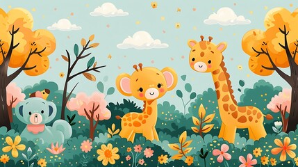 A seamless pattern of adorable cartoon elephants and giraffes playing in a lush savannah, with vibrant trees and a bright blue sky, rich colors, detailed textures, hd quality, natural look.