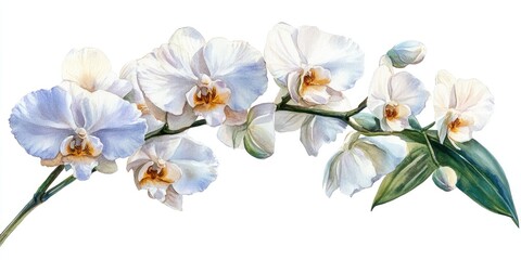 Fototapeta premium Watercolor Painting of White Orchids with Green Leaves