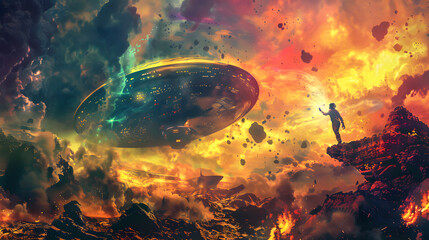 A alien standing and using phone to calling the UFO space ship from space.