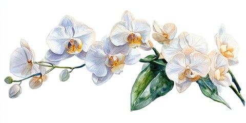 Watercolor Painting of White Orchids with Green Leaves