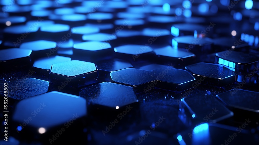 Aufkleber illuminated blue hexagons floating in darkness - abstract 3d rendering