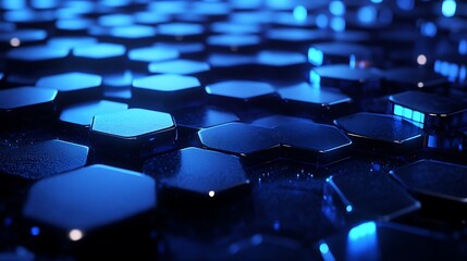 Obraz premium Illuminated Blue Hexagons Floating in Darkness - Abstract 3D Rendering
