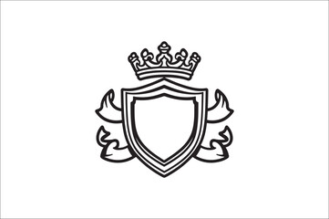 Crown headed Shield silhouette. sword Shield silhouette, Heraldic emblem crest shield with crown on white background.