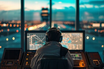 Rear view of a air traffic controller at his position