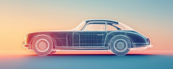 Retro car wireframe on a soft pastel background, highlighting vintage design elements