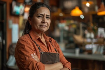 Naklejka premium Portrait of a Hispanic woman owner of a coffee shop