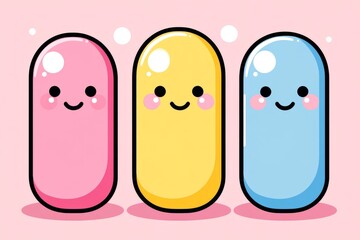 Three colorful cartoon capsules with smiling faces symbolizing the friendly and approachable side of healthcare and modern medicine