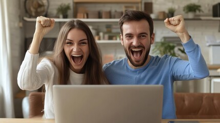 Overjoyed millennial man and woman triumph win online lottery on laptop. Happy excited young Caucasian couple feel euphoric with good email, get amazing sale offer or discount deal on computer