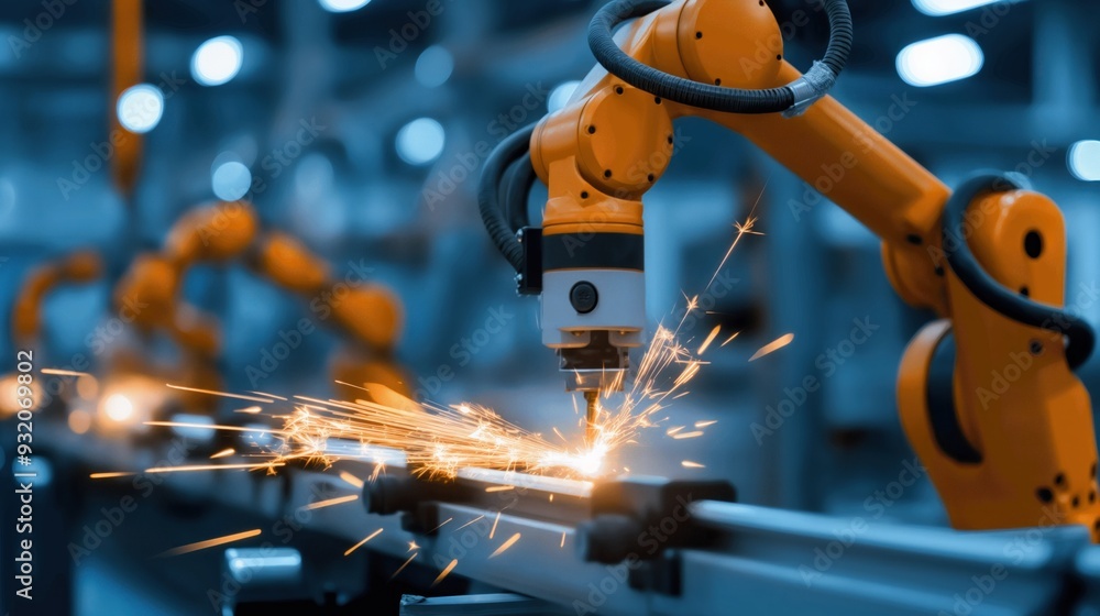Poster a robotic arm efficiently welds metal components on a production line, creating sparks as it perform