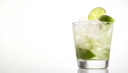 Vibrant Brazilian Caipirinha Cocktail: Refreshing Drink for Party and Nightlife. Elegant Minimalist Composition on White Background with Copy Space. Perfect for Graphic Design, UI, Web, Posters, and M
