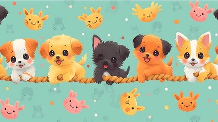 Naklejka premium A seamless pattern of adorable cartoon puppies tugging on ropes and chasing each other, set in a playful backyard, warm colors, detailed fur and rope textures, hd quality, natural look.