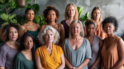 Fototapeta premium Group of diverse women supporting each other, expressions of empowerment and solidarity, promoting gender equality and womens rights, indoor setting with warm lighting, strong and determined poses