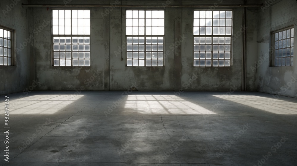 Poster sunlight streams through large windows, illuminating the empty concrete space and creating distinct 