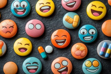 Expressive Emotion Faces on Colorful Pills in a Textured and Artistic Illustration for Mental Health and Mood Representation