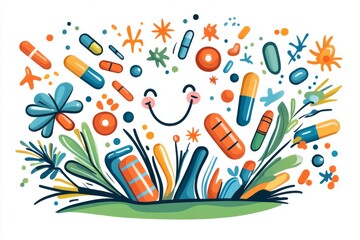 Burst of Colorful Pills Capsules and Natural Elements in a Dynamic Whimsical Digital Illustration for Holistic Healthcare