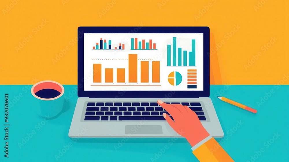 Poster hands-on laptop displaying statistical data and charts, flat design illustration