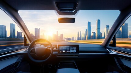 A luxury car with a transparent roof and ultra-modern interior, hovering above a minimalist city, with sunlight streaming through the glass